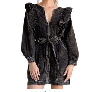 Free People Black Denim Ruffle Mini Dress